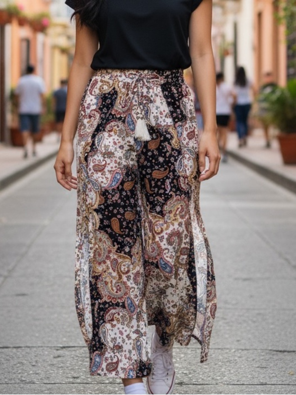 B.O.G Collective Bohemian Paisley Wide-Leg Palazzo Pants - Black Multi Sz-Small